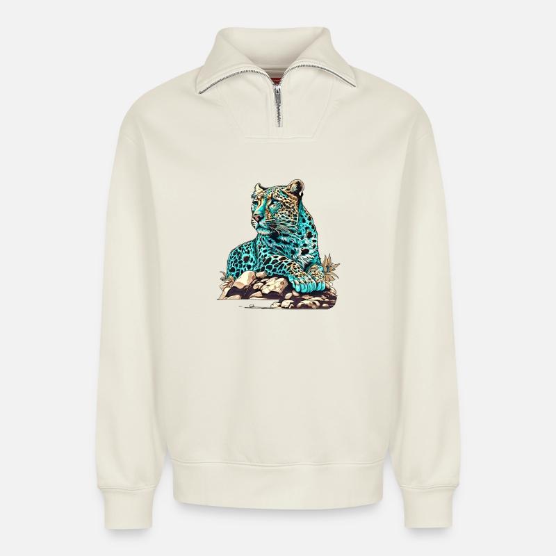 Leopard auf Lauer - Relaxed Unisex Organic Half Zip Sweatshirt – von SPREAD - Naturweiß