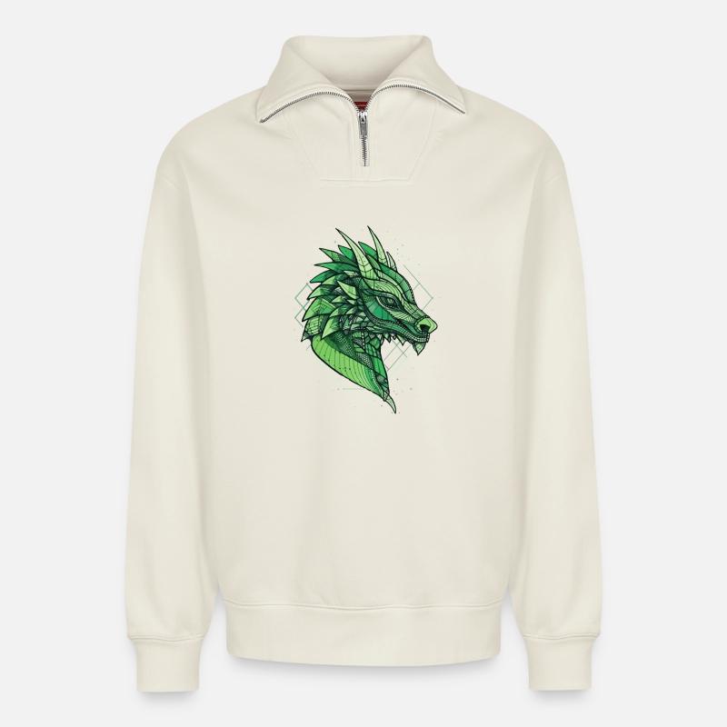 Stilisierter, geometrischer Drache - Relaxed Unisex Organic Half Zip Sweatshirt – von SPREAD - Naturweiß