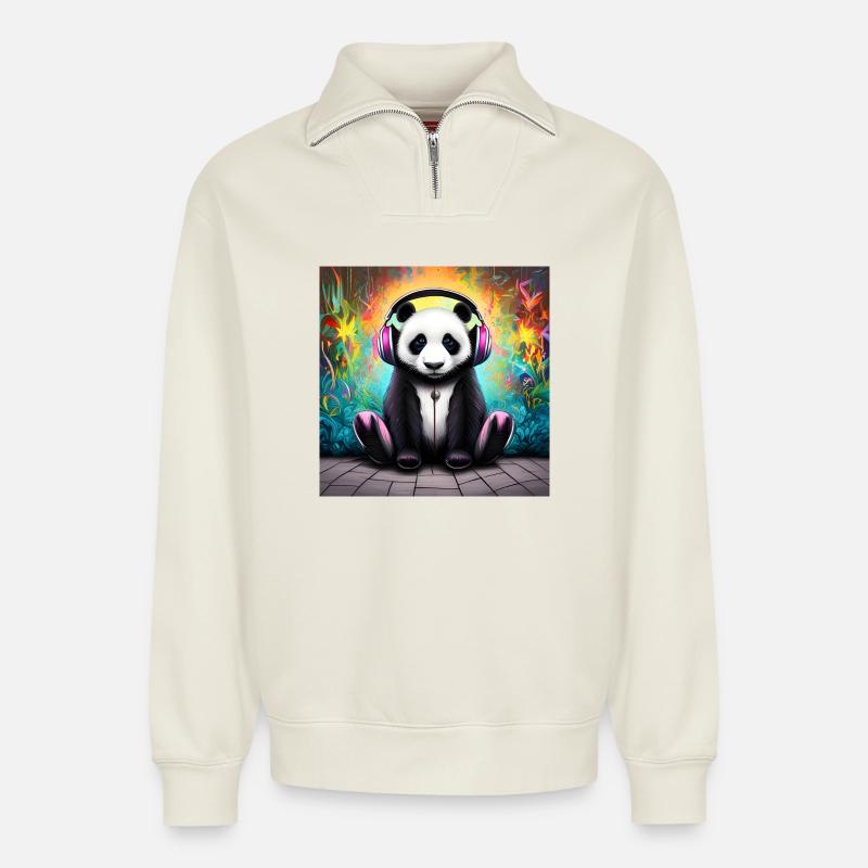 Panda avec casque néon - Sweat unisexe décontracté en coton biologique à demi-zip – de SPREAD - blanc cassé