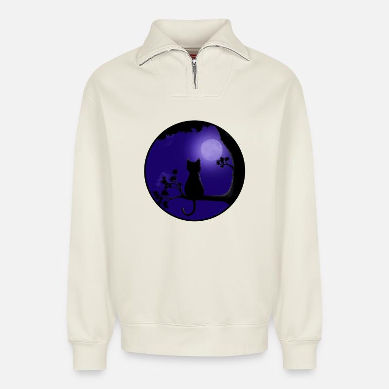 Cat Moon - Sweat unisexe décontracté en coton biologique à demi-zip – de SPREAD - blanc cassé