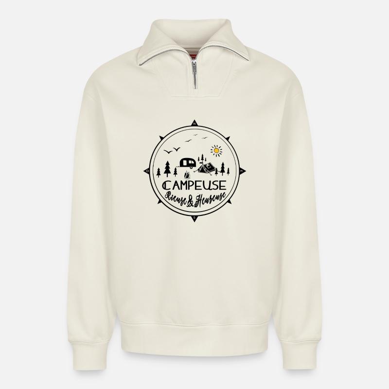 campeuse rieuse heureuse - Sweat unisexe décontracté en coton biologique à demi-zip – de SPREAD - blanc cassé