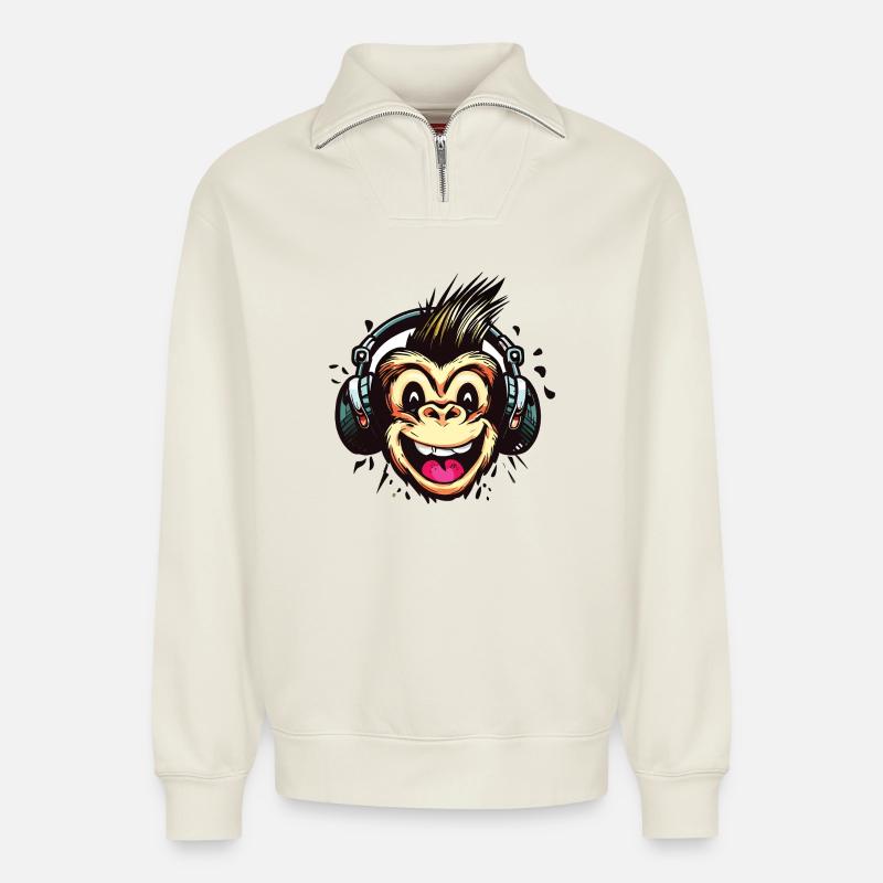 Lustiger Affe mit Kopfhörern - Relaxed Unisex Organic Half Zip Sweatshirt – von SPREAD - Naturweiß