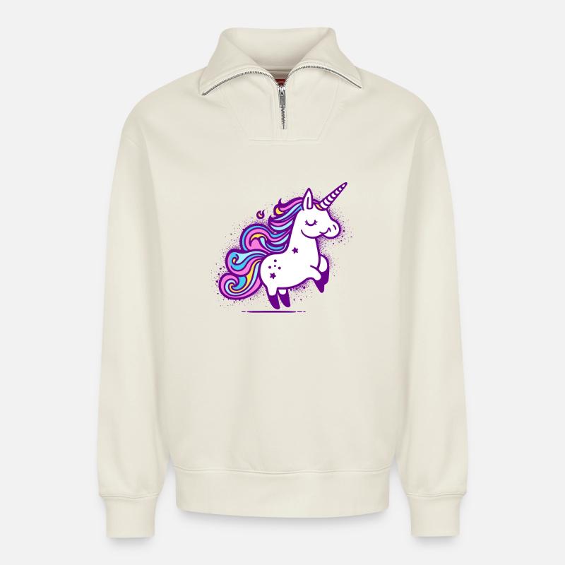 Skurriles Regenbogen-Einhorn-Design - Relaxed Unisex Organic Half Zip Sweatshirt – von SPREAD - Naturweiß