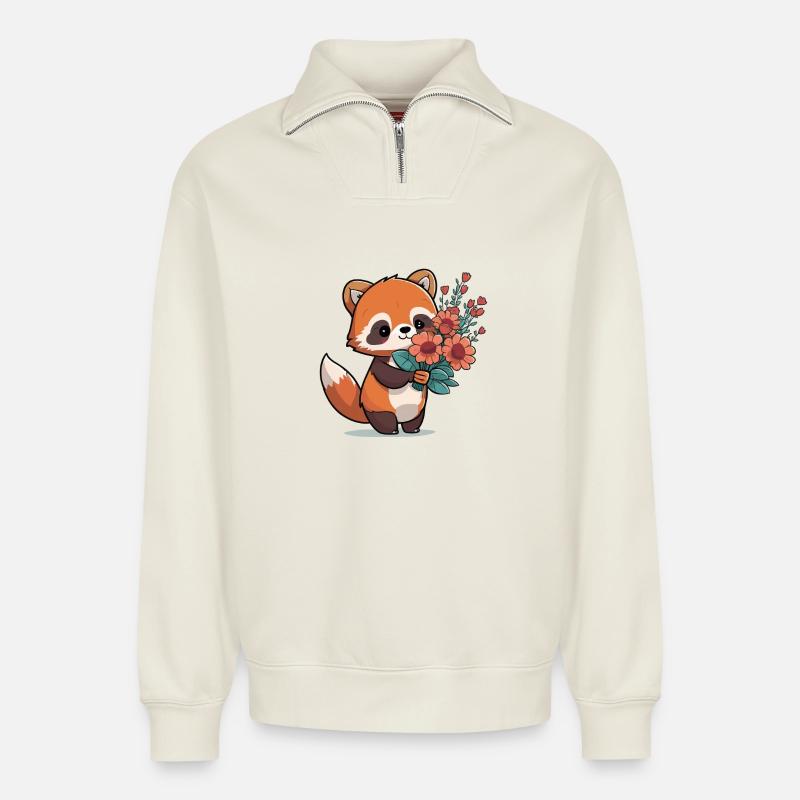 roter Panda mit Blumen - Relaxed Unisex Organic Half Zip Sweatshirt – von SPREAD - Naturweiß