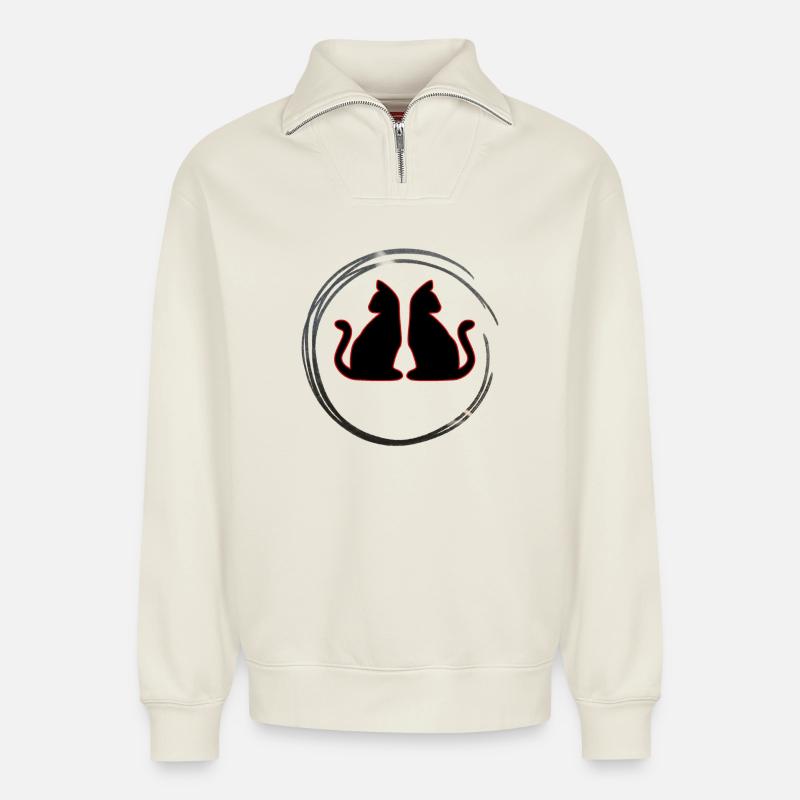 Rot / Schwarze Zwillings Katzen - Relaxed Unisex Organic Half Zip Sweatshirt – von SPREAD - Naturweiß