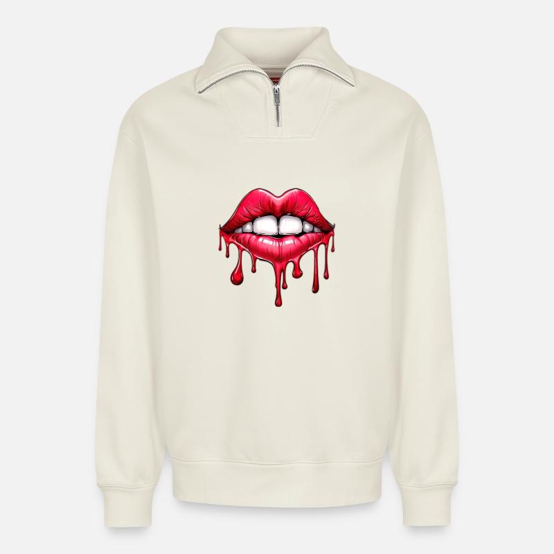 Lèvres - Sweat unisexe décontracté en coton biologique à demi-zip – de SPREAD - blanc cassé