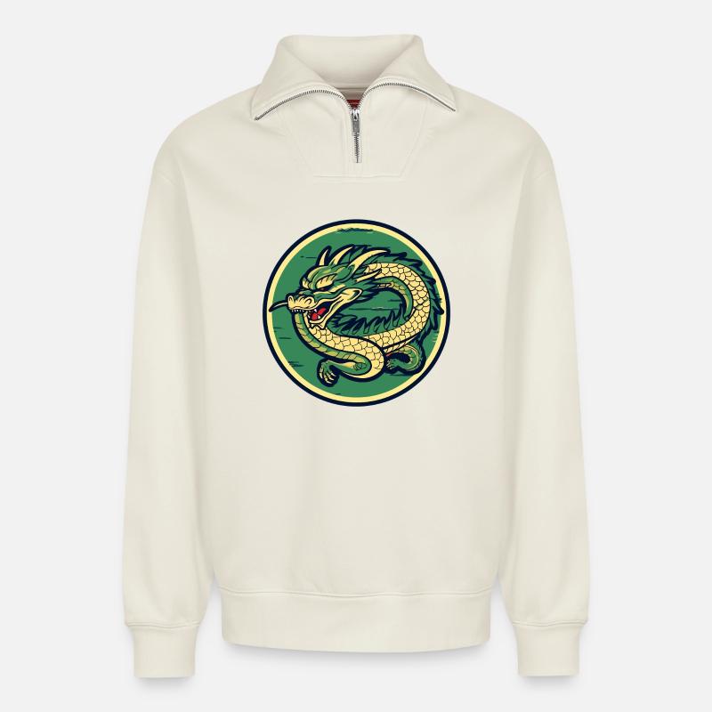 Dragon Crest Circle Patch - Relaxed Unisex Organic Half Zip Sweatshirt – von SPREAD - Naturweiß
