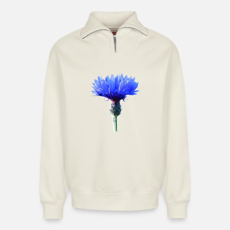 Bleuet - Sweat unisexe décontracté en coton biologique à demi-zip – de SPREAD - blanc cassé