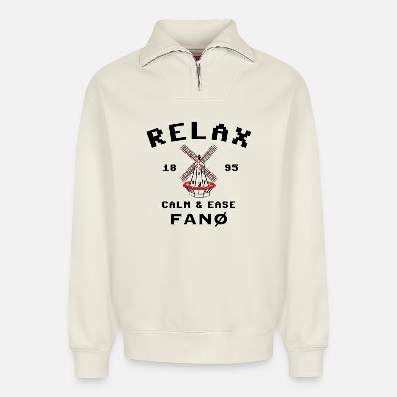 Fanø Dänemark, Windmühle in Sønderho, Relax - Relaxed Unisex Organic Half Zip Sweatshirt – von SPREAD - Naturweiß