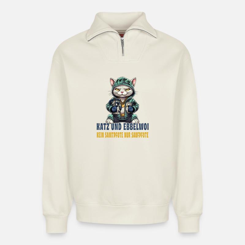 Apfelwein und Katzen Design - Relaxed Unisex Organic Half Zip Sweatshirt – von SPREAD - Naturweiß