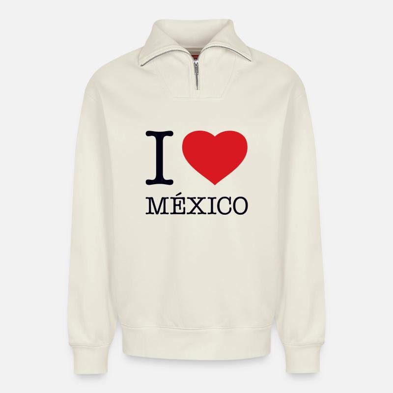 J’AIME LE MEXIQUE Mexiko - Sweat unisexe décontracté en coton biologique à demi-zip – de SPREAD - blanc cassé