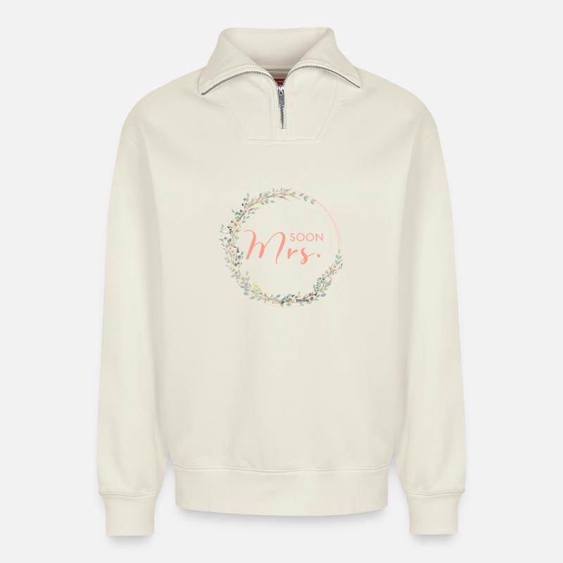 Soon Mrs. - Team Bride!,Kranz - Relaxed Unisex Organic Half Zip Sweatshirt – von SPREAD - Naturweiß