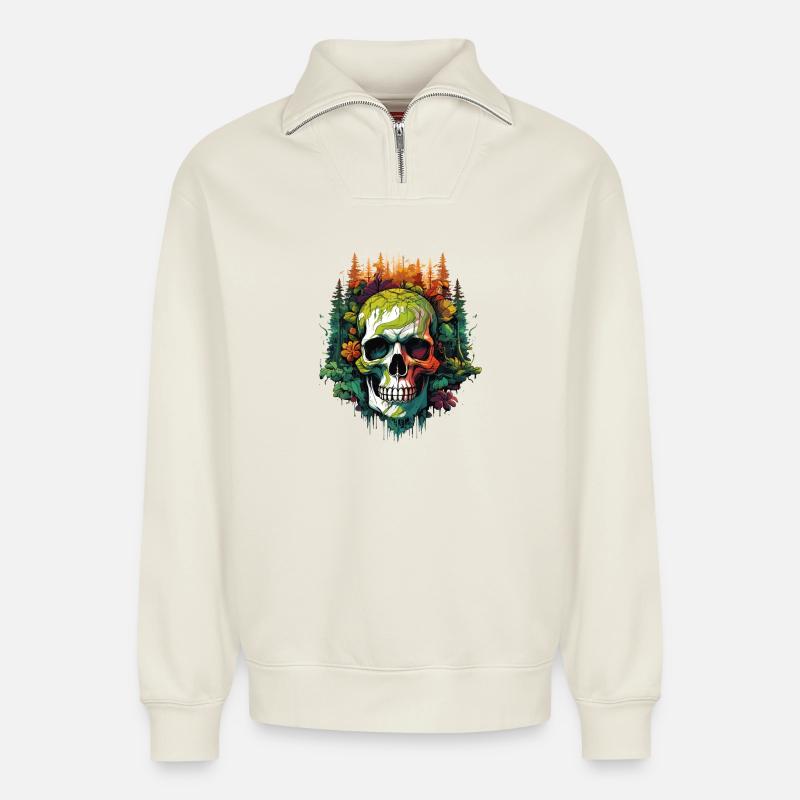 Regenbogen Schädel im Dschungel - Relaxed Unisex Organic Half Zip Sweatshirt – von SPREAD - Naturweiß