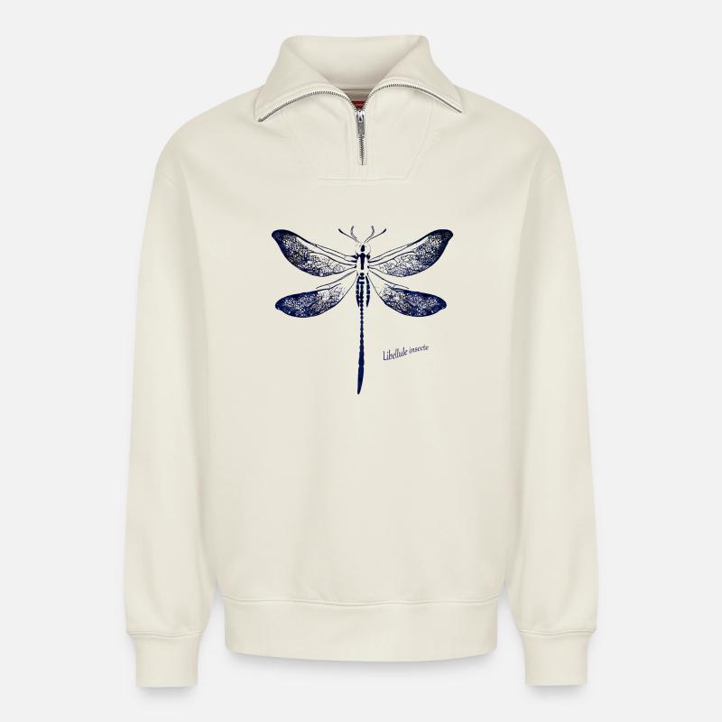 Tiefblaue Libellen Silhouette - Relaxed Unisex Organic Half Zip Sweatshirt – von SPREAD - Naturweiß