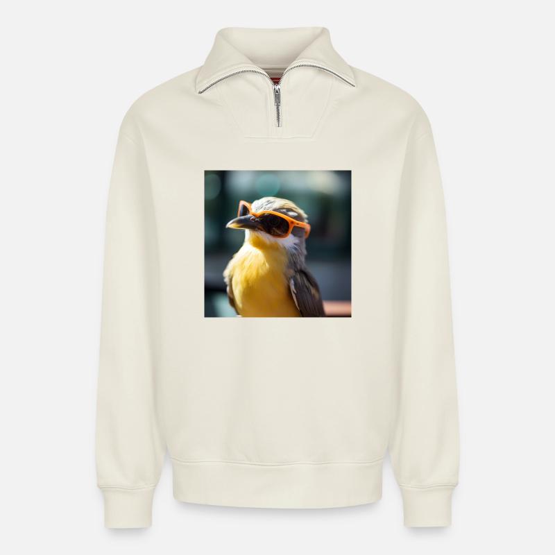 Vogel mit Orangen Sonnenbrillen - Relaxed Unisex Organic Half Zip Sweatshirt – von SPREAD - Naturweiß