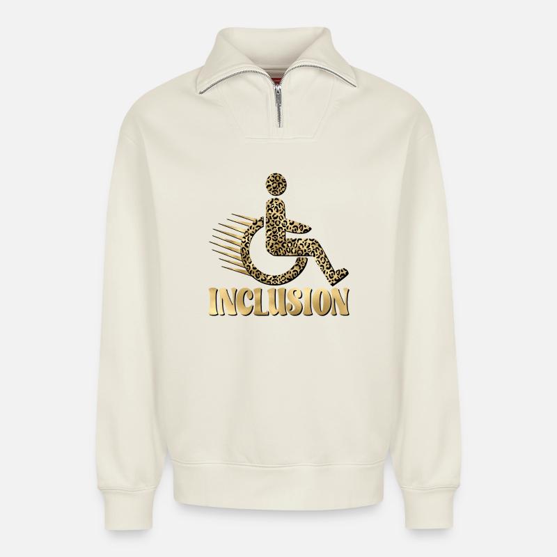 INCLUSION WHEELCHAIR LEOPARD PATTERN - Relaxed Unisex Organic Half Zip Sweatshirt – by SPREAD - off white