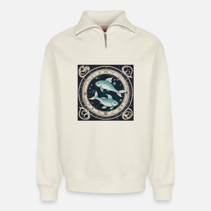 Zodiac Pisces - Relaxed Unisex Organic Half Zip Sweatshirt – von SPREAD - Naturweiß
