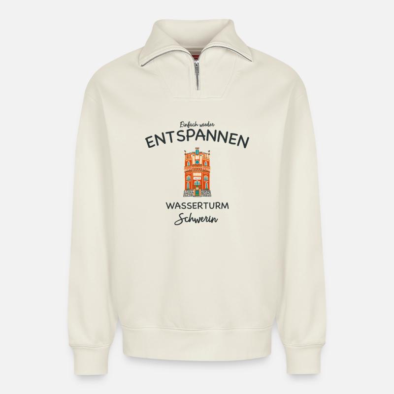 Schwerin, Wasserturm Weinberg, einfach Entspannen - Relaxed Unisex Organic Half Zip Sweatshirt – von SPREAD - Naturweiß