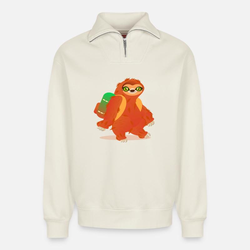 Sloth Hiking Backpack - Relaxed Unisex Organic Half Zip Sweatshirt – by SPREAD - off white