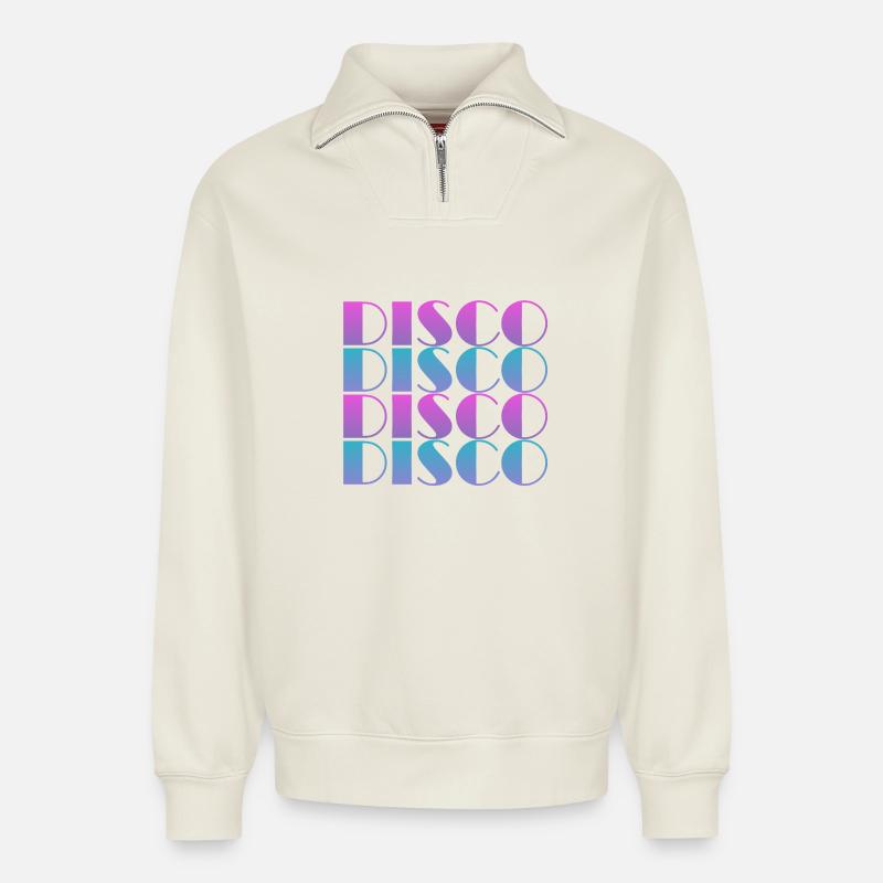 Vibrant Disco Text Pattern Design - Relaxed Unisex Organic Half Zip Sweatshirt – by SPREAD - off white