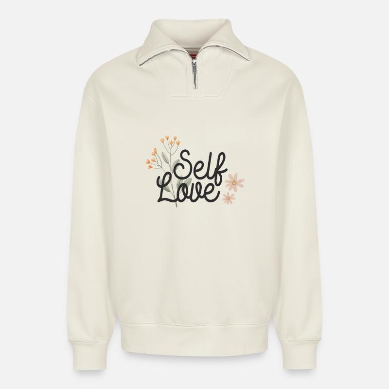Selbstliebe - Relaxed Unisex Organic Half Zip Sweatshirt – von SPREAD - Naturweiß