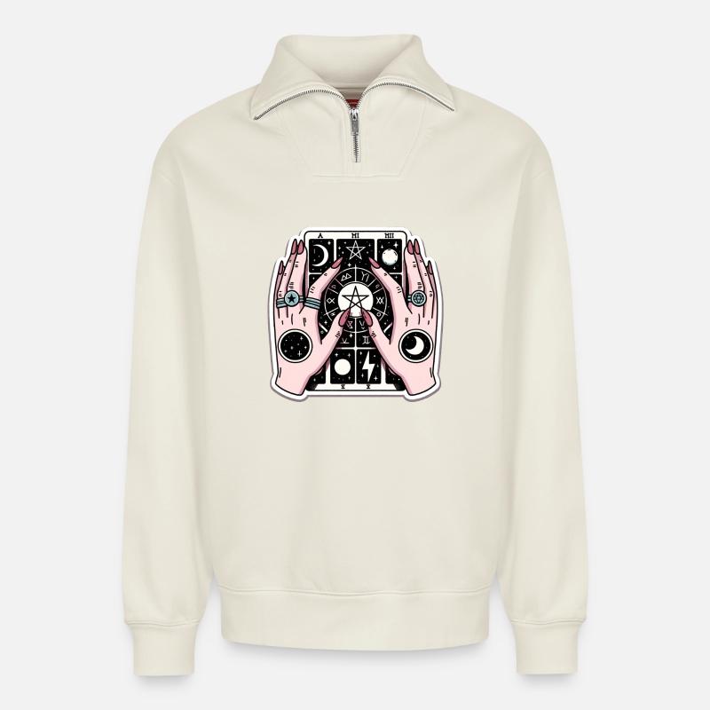 Main de Tarot - Sweat unisexe décontracté en coton biologique à demi-zip – de SPREAD - blanc cassé