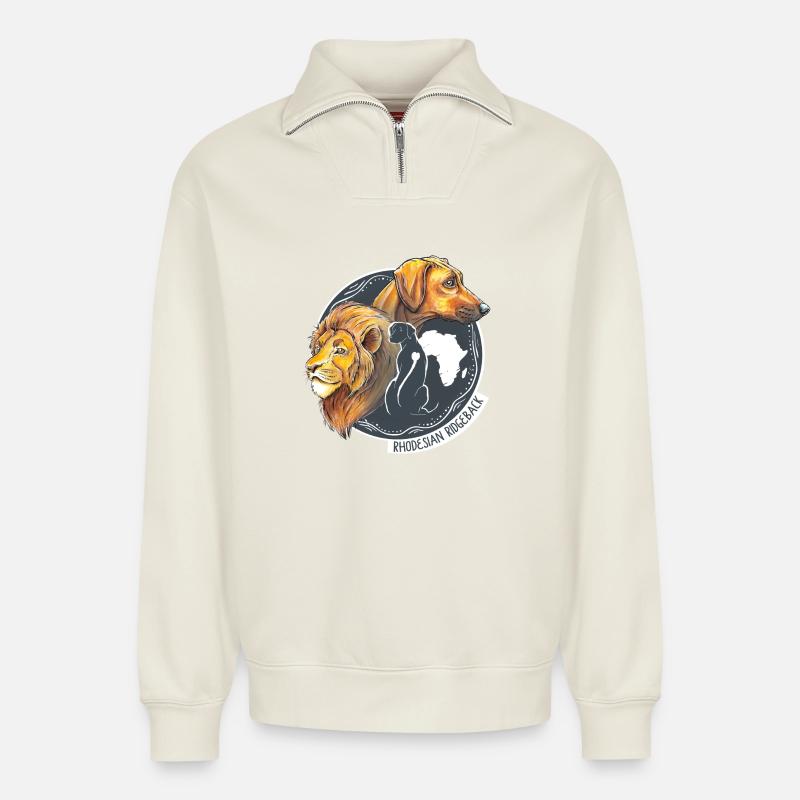 Rhodesian Ridgeback - Sweat unisexe décontracté en coton biologique à demi-zip – de SPREAD - blanc cassé
