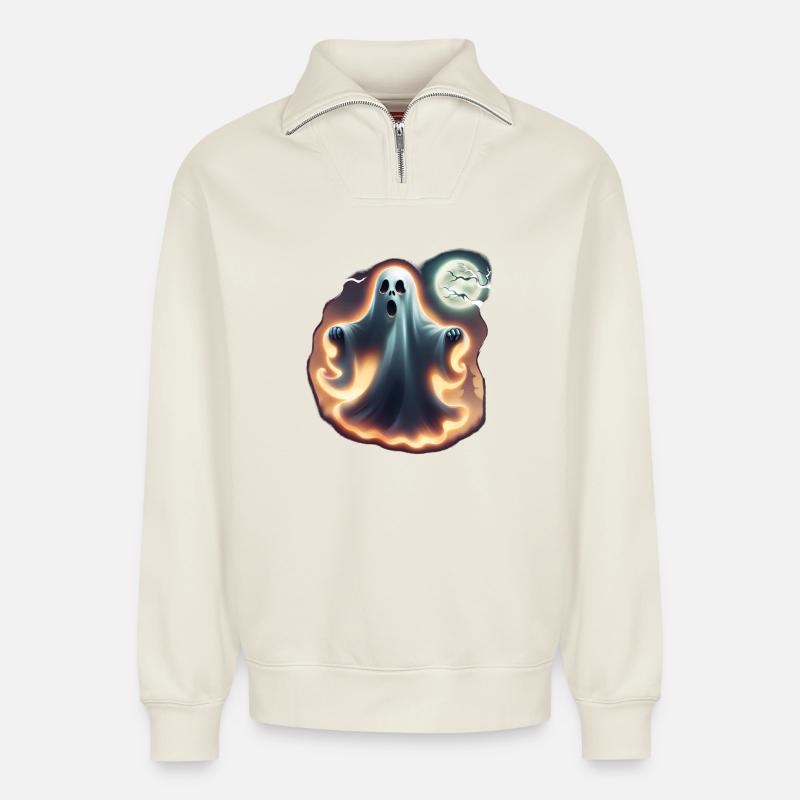 Halloween Ghost - Printflow - Relaxed Unisex Organic Half Zip Sweatshirt – von SPREAD - Naturweiß