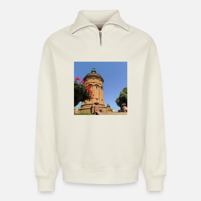 CHÂTEAU D’EAU DE MANNHEIM - Sweat unisexe décontracté en coton biologique à demi-zip – de SPREAD - blanc cassé