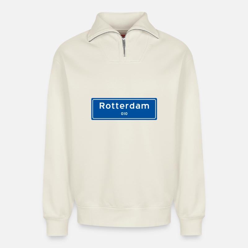 Rotterdam 010 Ortsschild - Relaxed Unisex Organic Half Zip Sweatshirt – von SPREAD - Naturweiß