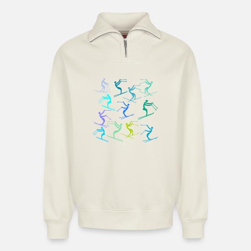BEGINNERS SKIING SKI SLOPES - Relaxed Unisex Organic Half Zip Sweatshirt – by SPREAD - off white