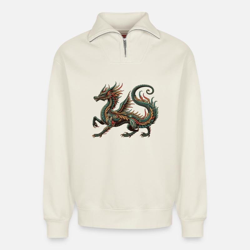 Farbdrache Ornament Tribal Stil - Relaxed Unisex Organic Half Zip Sweatshirt – von SPREAD - Naturweiß