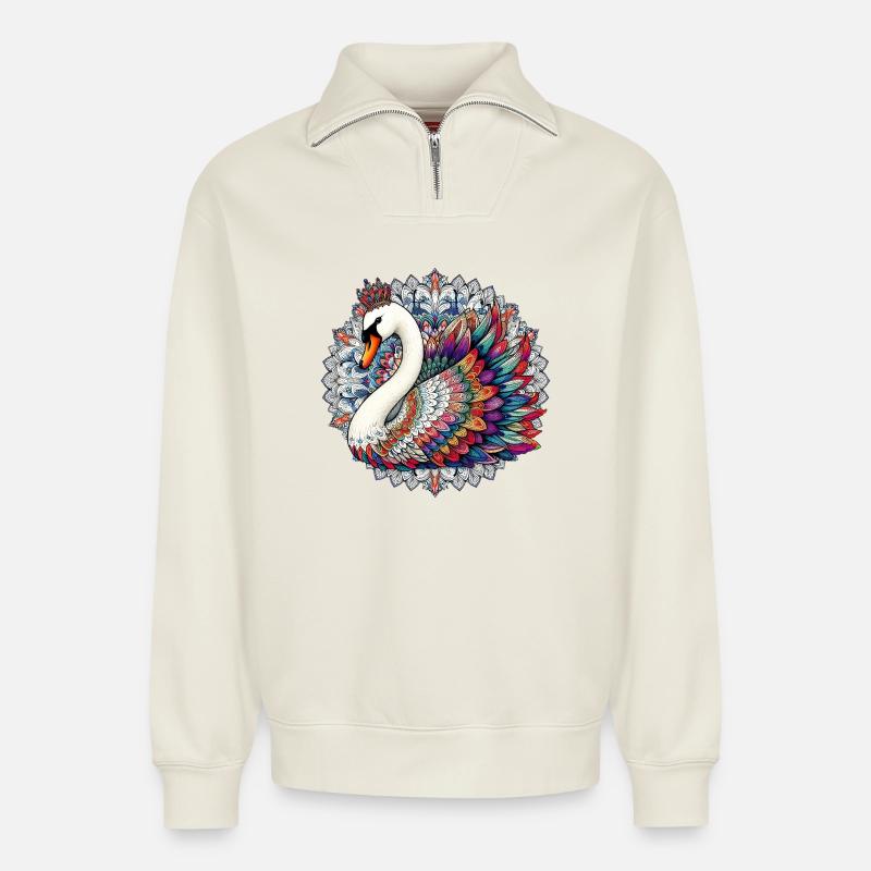 Schwan mit Mandalas verziert - Relaxed Unisex Organic Half Zip Sweatshirt – von SPREAD - Naturweiß