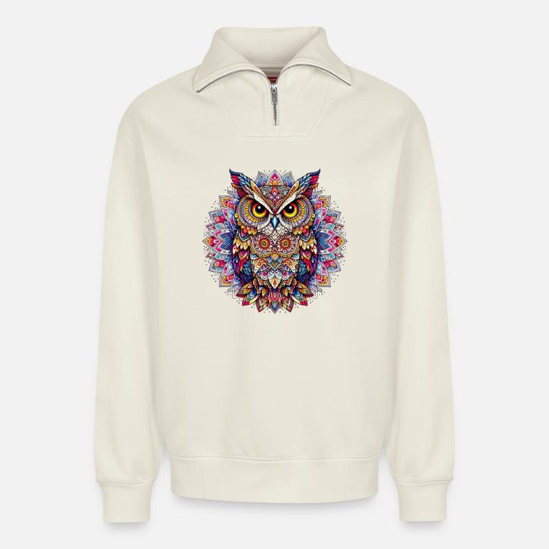 Eule mit Mandalas verziert - Relaxed Unisex Organic Half Zip Sweatshirt – von SPREAD - Naturweiß