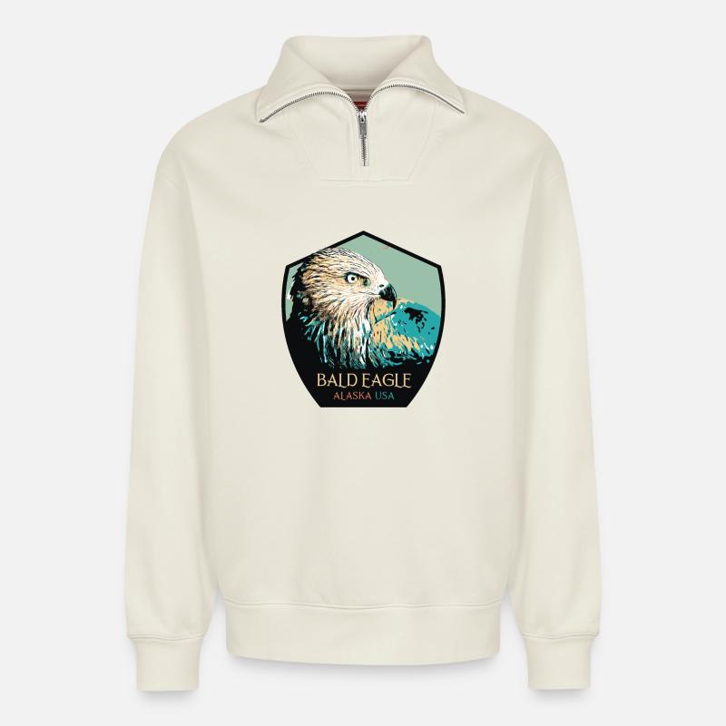 Alaskan Bald Eagle Portrait - Relaxed Unisex Organic Half Zip Sweatshirt – by SPREAD - off white