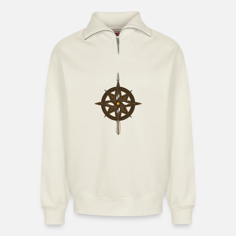 Fantasy Compass Rose - Relaxed Unisex Organic Half Zip Sweatshirt – by SPREAD - off white