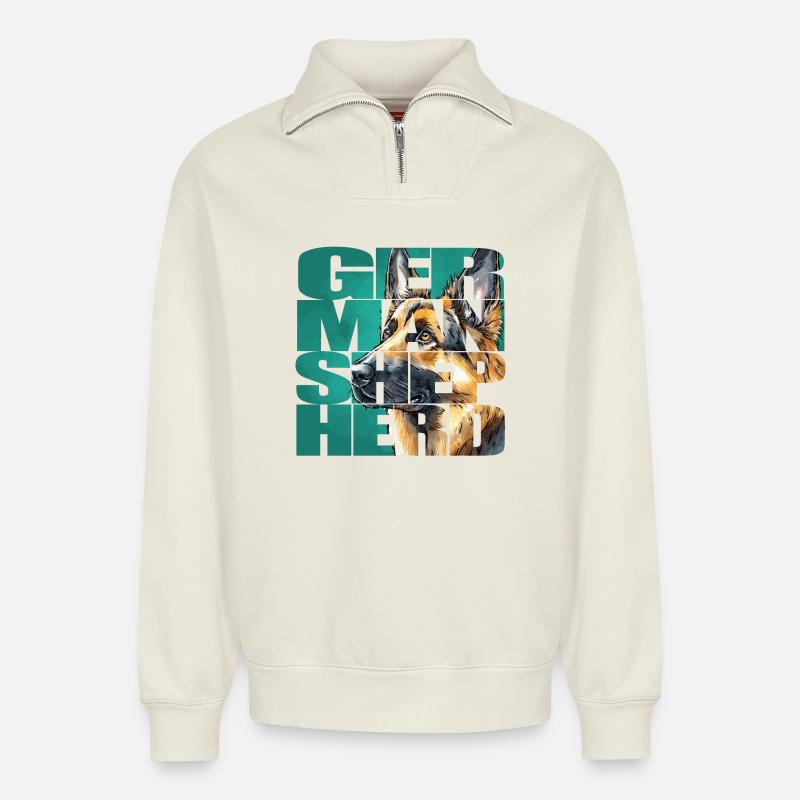 Deutscher Schäferhund Portrait - Relaxed Unisex Organic Half Zip Sweatshirt – von SPREAD - Naturweiß