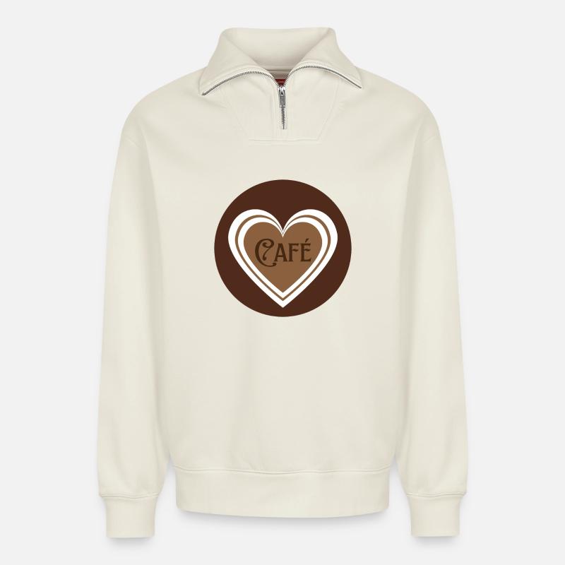 café avec des coeurs - Sweat unisexe décontracté en coton biologique à demi-zip – de SPREAD - blanc cassé