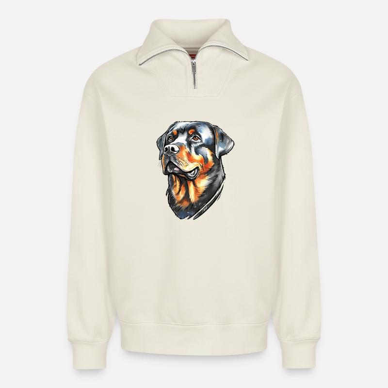 Rottweiler Portrait - Relaxed Unisex Organic Half Zip Sweatshirt – von SPREAD - Naturweiß
