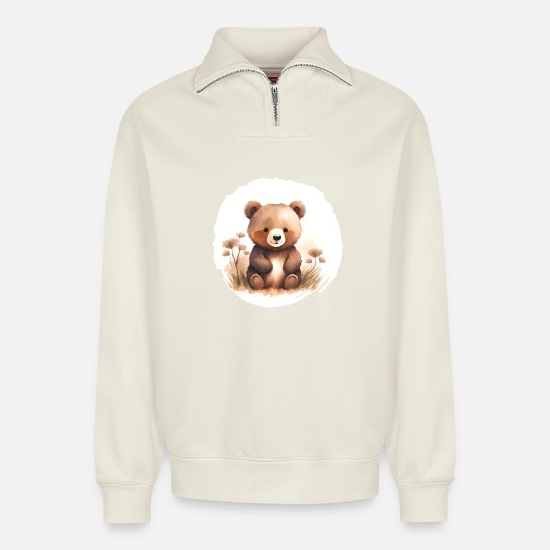 Bär Aquarell - Relaxed Unisex Organic Half Zip Sweatshirt – von SPREAD - Naturweiß