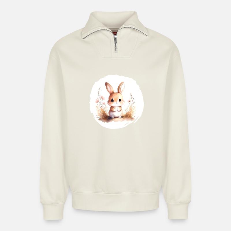 Hase Aquarell - Relaxed Unisex Organic Half Zip Sweatshirt – von SPREAD - Naturweiß