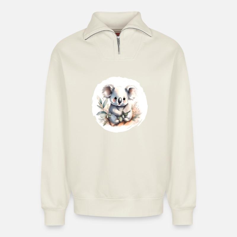Aquarelle de Koala - Sweat unisexe décontracté en coton biologique à demi-zip – de SPREAD - blanc cassé