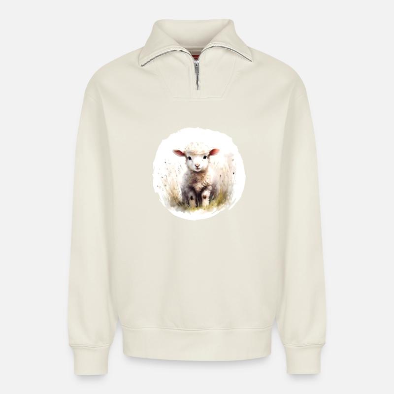 Lamm Aquarell - Relaxed Unisex Organic Half Zip Sweatshirt – von SPREAD - Naturweiß