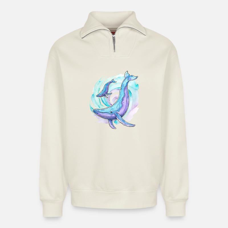 Buckelwal mit Kalb - Relaxed Unisex Organic Half Zip Sweatshirt – von SPREAD - Naturweiß