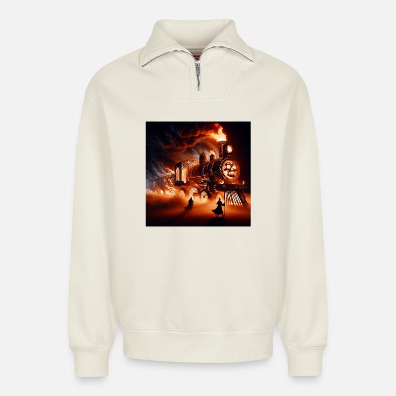 The Hell Train - Relaxed Unisex Organic Half Zip Sweatshirt – by SPREAD - off white