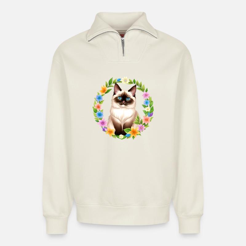 Frühlingserwachende Samtpfote - Relaxed Unisex Organic Half Zip Sweatshirt – von SPREAD - Naturweiß