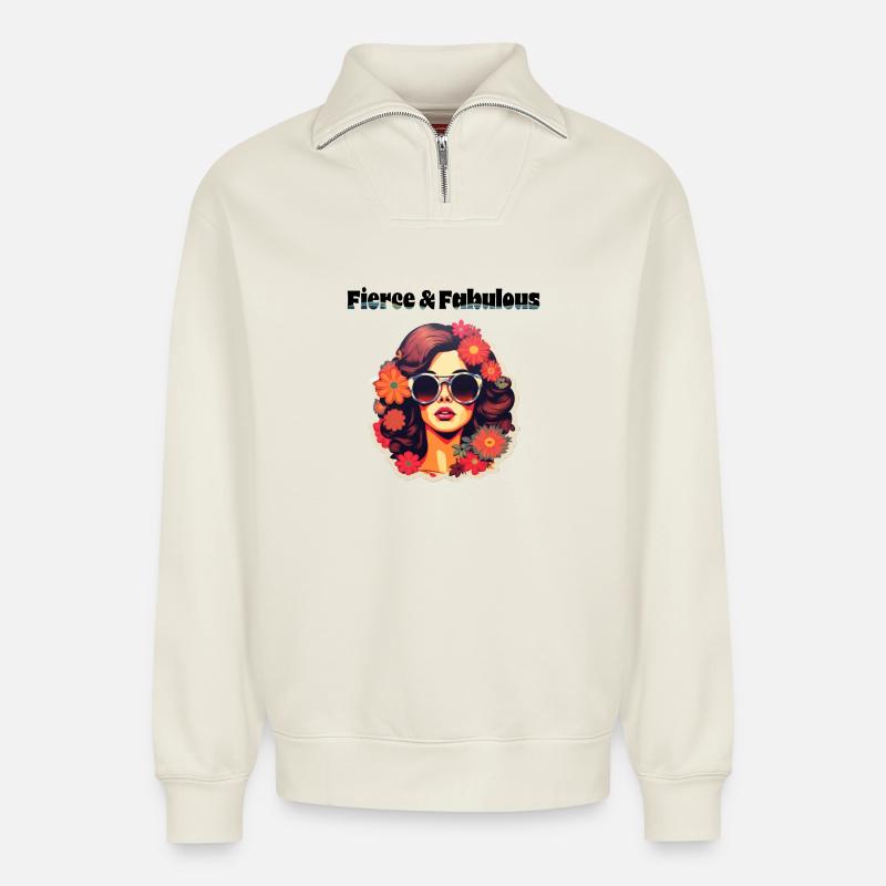 Féroce et fabuleux - Sweat unisexe décontracté en coton biologique à demi-zip – de SPREAD - blanc cassé