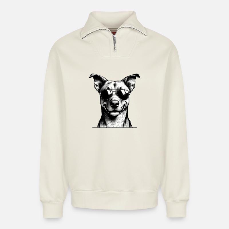 Hund mit Sonnenbrille Linienkunst - Relaxed Unisex Organic Half Zip Sweatshirt – von SPREAD - Naturweiß