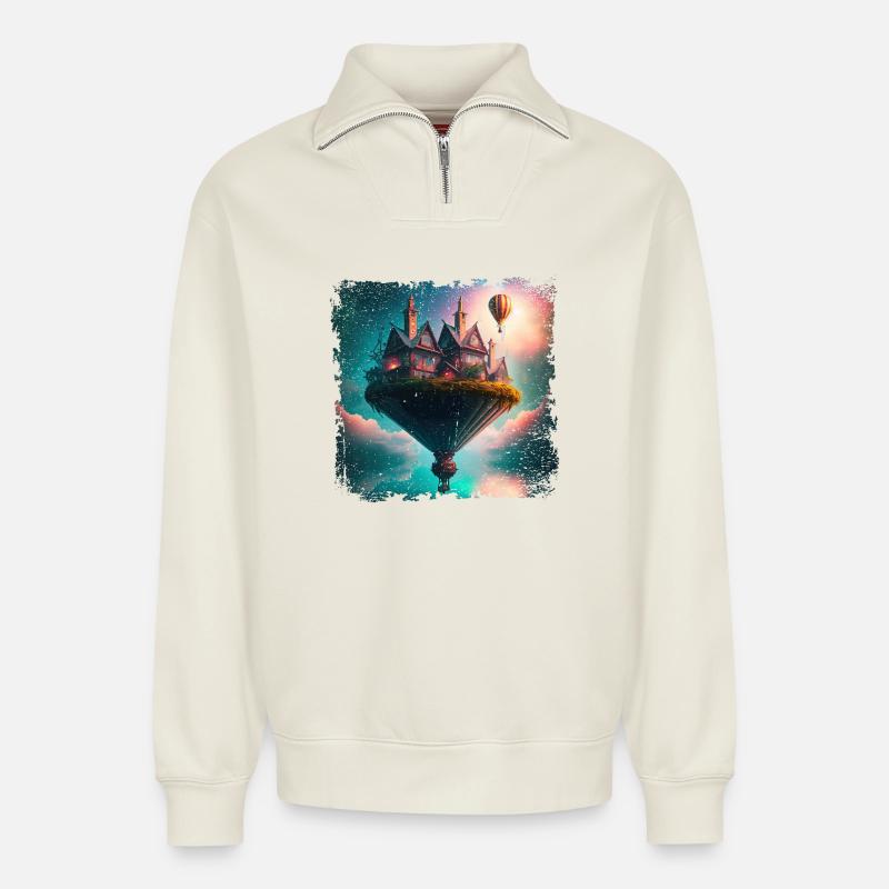 Fantasy schwebendes Dorf - Relaxed Unisex Organic Half Zip Sweatshirt – von SPREAD - Naturweiß