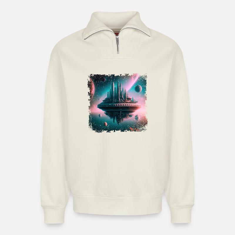schwebende Stadt im Universum - Relaxed Unisex Organic Half Zip Sweatshirt – von SPREAD - Naturweiß